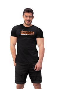 Fitness, Unlimited, Power Gym, 4 Dashes (BG Orange and Black), Round Neck Gym Tshirt (White Tshirt) - Clothes for Gym Lovers - Suitable for Gym Going Person - Foremost Gifting Material for Your Friends and Close Ones