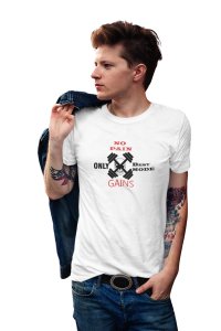 No Pain, Only Beat Mode Gains, (BG Red and Black), Round Neck Gym Tshirt (White Tshirt) - Clothes for Gym Lovers - Suitable for Gym Going Person - Foremost Gifting Material for Your Friends and Close Ones