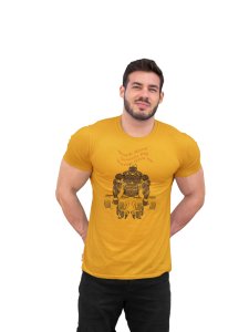 Lifting a Barbell, Brown Bodybuilder, Round Neck Gym Tshirt (Yellow Tshirt) - Foremost Gifting Material for Your Friends and Close Ones
