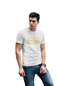 Fitness Gym, 2 Dashes (BG Golden), Round Neck Gym Tshirt (White Tshirt) - Clothes for Gym Lovers - Foremost Gifting Material for Your Friends and Close Ones