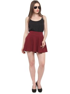 N-Gal Women's Polyester Lycra High Waist Flared Knit Skater Short Mini Skirt _Maroon
