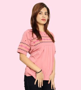 Two black parallel lines, pink flowers floral printed womens top (pink top) - Made up of Rayon for your plesant and cozy