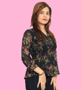 Roses and leaves floral womens printed top (black) - Made up of Rayon for your plesant and cozy