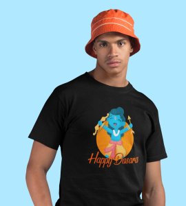Happy Dasara printed unisex adults round neck cotton half-sleeve black tshirt specially for Navratri festival/ Durga puja