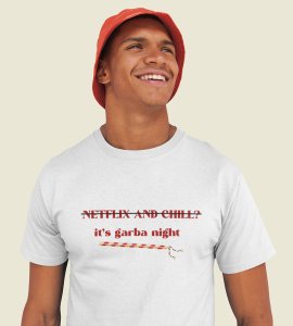 Its garba night (dandiya) printed unisex adults round neck cotton half-sleeve blue tshirt specially for Navratri festival/ Durga puja