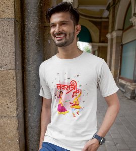 Garba couple animated printed unisex adults round neck cotton half-sleeve white tshirt specially for Navratri festival/ Durga puja