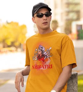 Durga maa (sidefaced) printed unisex adults round neck cotton half-sleeve yellow tshirt specially for Navratri festival/ Durga puja