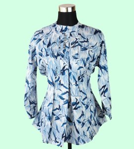 Blue Blooms: Women's Top with Dark Blue Floral Print