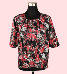"Elegant Black Top with Vibrant Red Florals - Chic and Timeless"