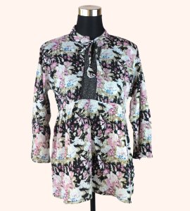 Women's Round Neck Top with White and Pink Floral Print - Elegant and Feminine