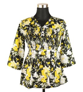 Women's Floral V-Neck Top in Black and Yellow - Versatile and Stylish Fashion Choice