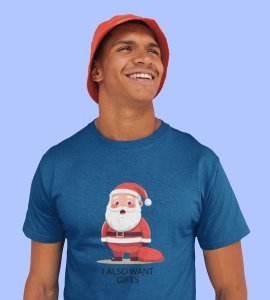 Even Santa Wants Gift: Cute Printed T-shirt (Blue) Perfect Gift For Boys Girls