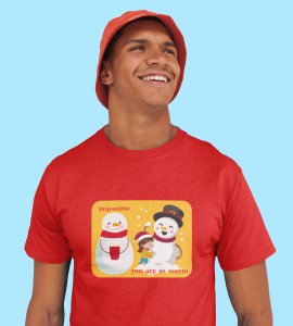 Warm Snowman : Beautifully Printed T-shirt (Red) Perfect Gift For Christmas Eve