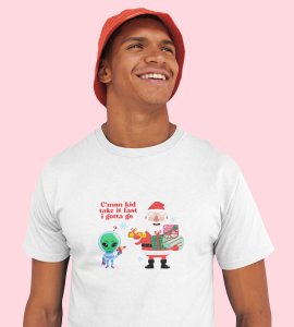 Santa And Alien's Talk : Elegantly Printed T-shirt (White) Best Gift For Boys Girls