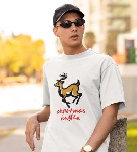 Hustling Reindeer : Funny & Cute Printed T-shirt (White) Perfect Gift For Secret Santa