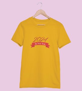 Welcome 2024Yellow Graphics Printed T-shirt For Mens On New Year Theme Best Gift For New Year