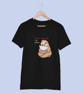 Pillow And New Year Black Graphic Printed T-shirt For Mens Boys