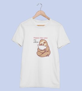 Pillow And New Year White Graphic Printed T-shirt For Mens Boys