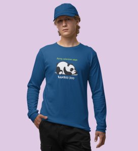 Panda Wants Bamboo: Attractive Printed (blue) Full Sleeve T-Shirt For Singles
