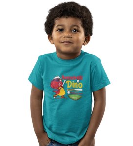 Baseballer Dino, Boys Round Neck Blended Cotton Tshirt

