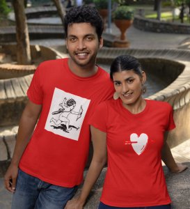 Cupid Hitting Arrow, Printed (Red) T-shirts For Couples