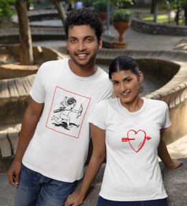 Cupid Hitting Arrow, Printed (White) T-shirts For Couples