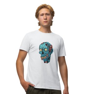 Blue Bloodcurdling White Round Neck Cotton Half Sleeved Men's T-Shirt with Printed Graphics